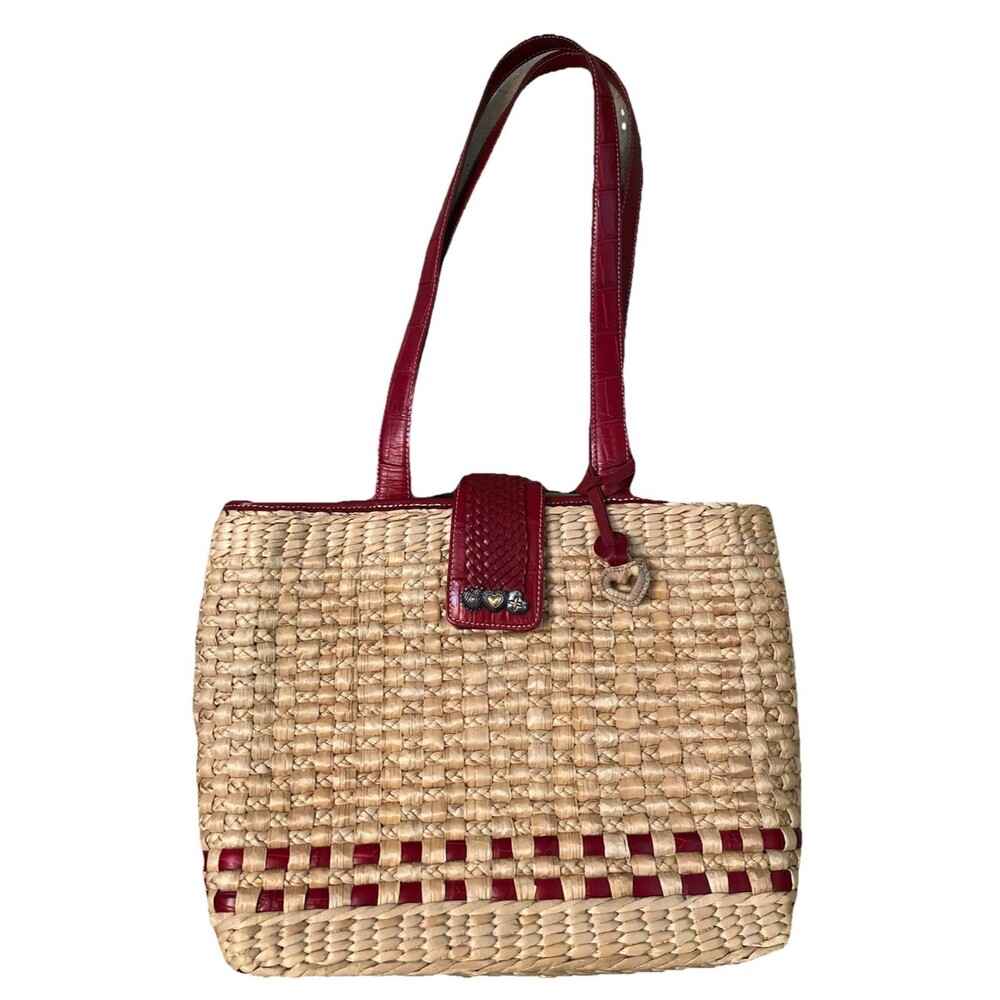 Classic BRIGHTON Straw Handbag Purse Tote Red Leather Trim Beach Summer Vacay